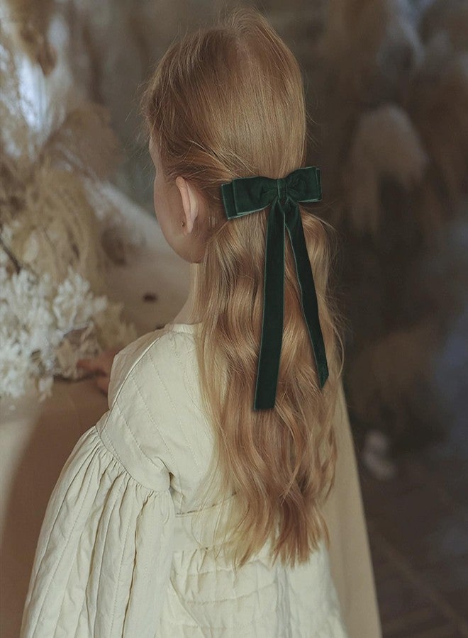 ميروكش مشابك شعر مخملية مزينة بفيونكات، 4 قطع، ألوان متنوعة، مقاسان: 4.5 بوصة و3.14 بوصة، فيونكات طويلة، مشابك شعر على شكل فيونكة، إكسسوار ذيل حصان للزي المدرسي، طقم هدايا للبنات والفتيات والمراهقات والنساء (أخضر داكن) - Image 4